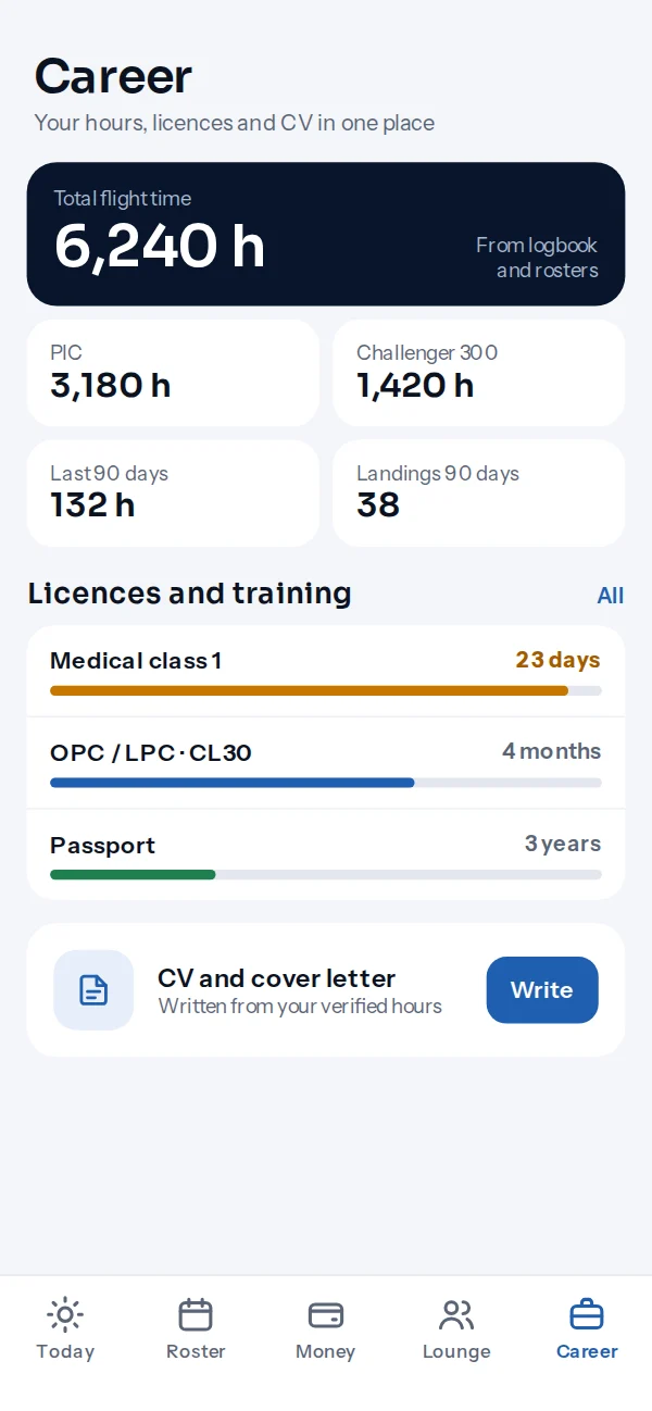 Career screen with flight time, licences and CV