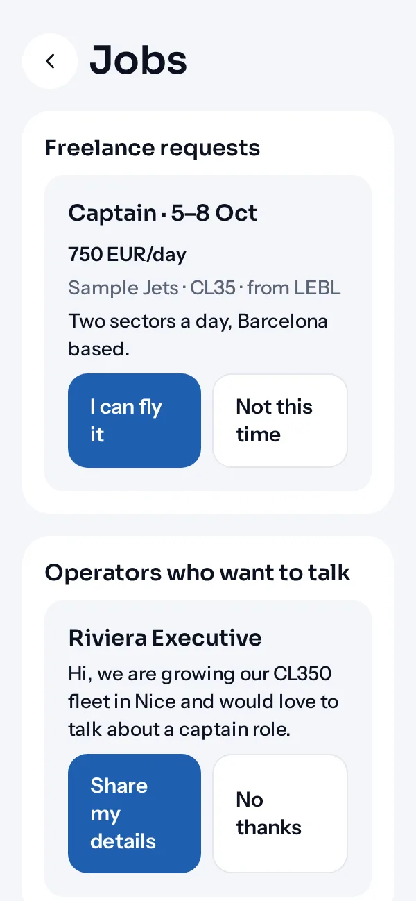 Jobs screen with a freelance request and an operator who wants to talk
