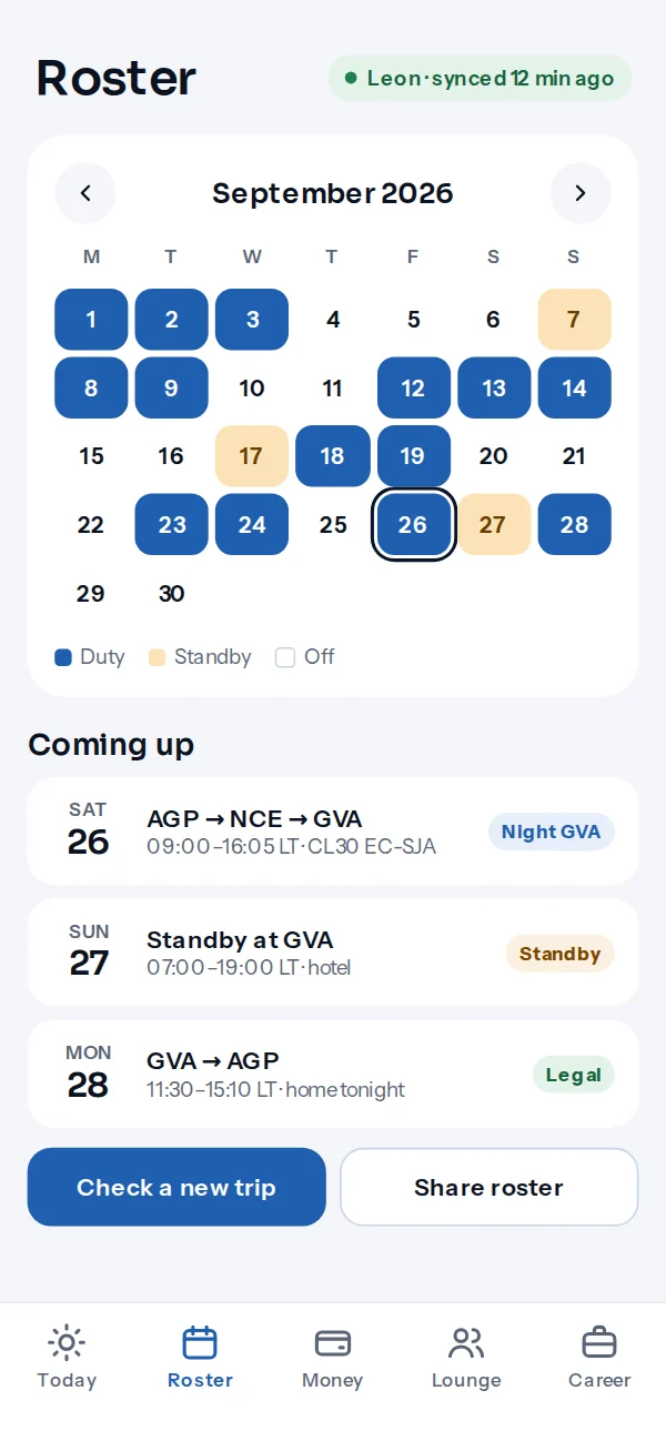 Roster screen with month calendar and upcoming duties